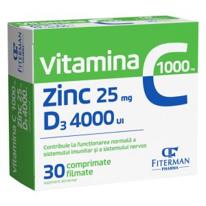 Vitamina C 1000mg + Zinc 25mg + Vitamina D3 4000UI, 30 Comprimate, Fiterman Pharma